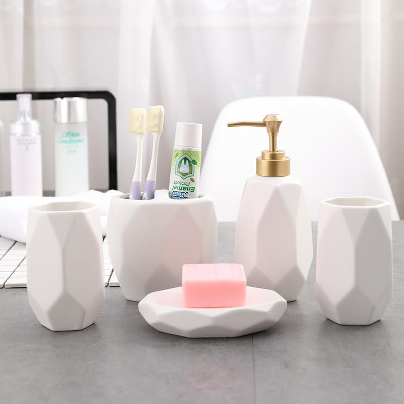 

Solid color ceramic Bathroom Accessories Sets 5 piece bathroom soap dispenser toothbrush holder mouth cup soap dish mx6141439