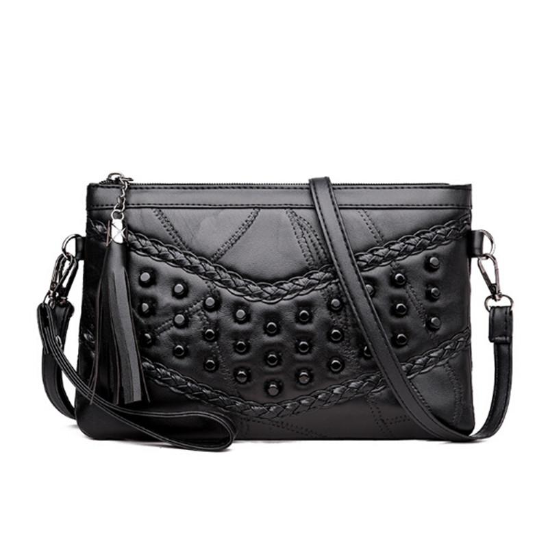 

2021 New Genuine Leather Women Black Shoulder Bags Rivet Tassel Female Solid Colour Casual Handbags
