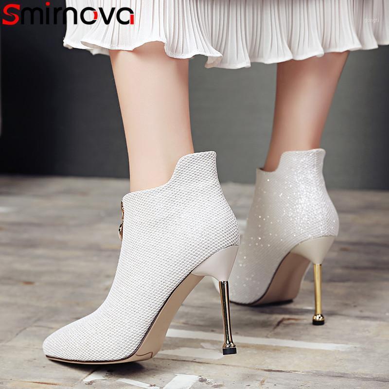 

Smirnova size 34-40 fashion ankle boots prom shoes pointed toe zip autumn winter boots thin high heels women 20201, White