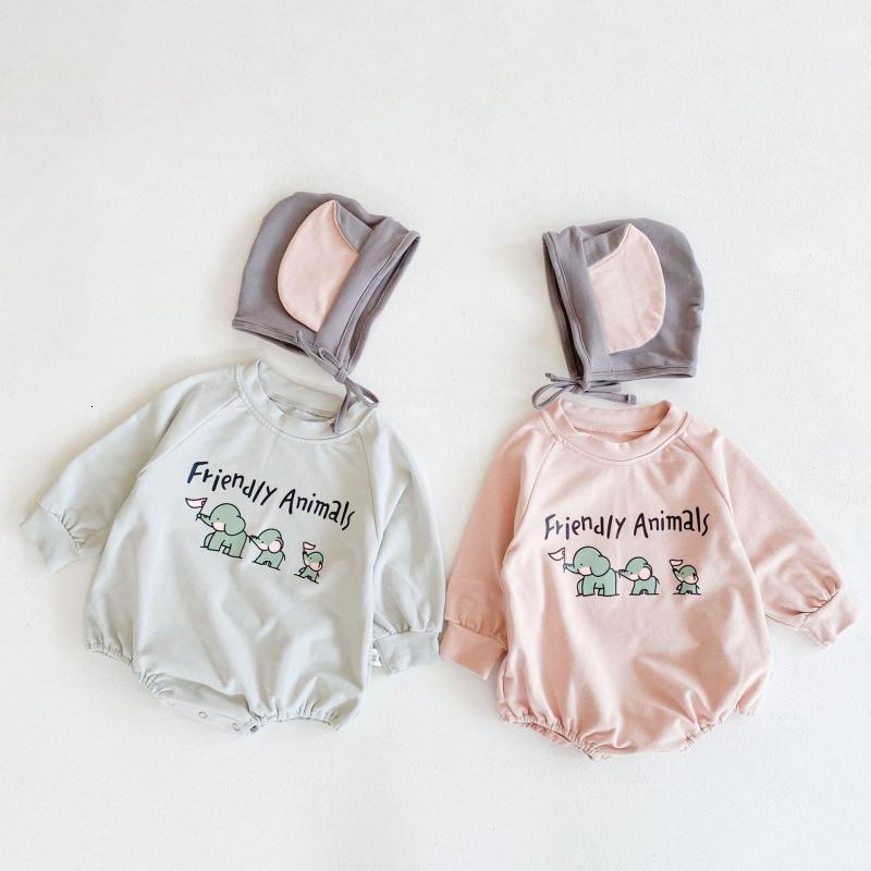 

2021 New Autumn Girl Boy Clothes Outfit Cartoon Print Long Sleeve Bodysuit Cotton Newborn Baby Jumpsuit with Hat Txy7, 92187pink