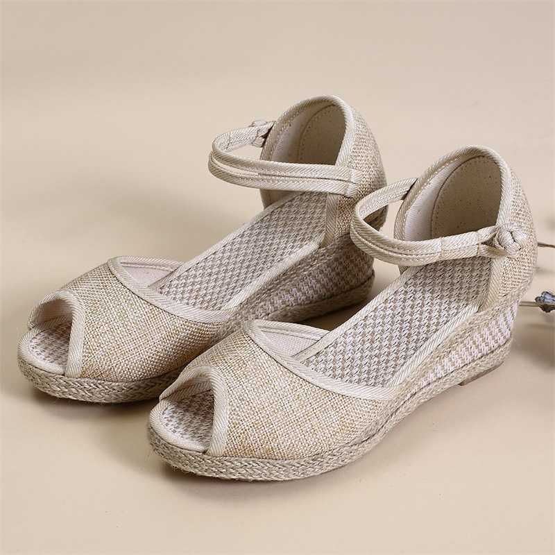 

Classic luxury Designer Cloth Pumps Women Spring Linen Peep Toe Sandals Wedge Espadrilles Platform 5cm Heel Comfort Summer Shoes Large Size, Black