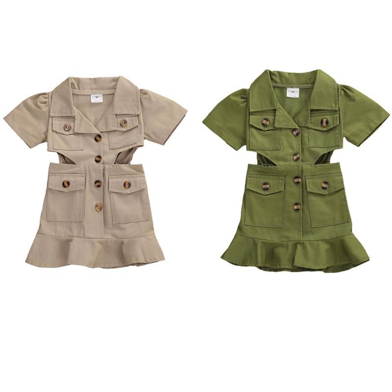 

Girl's Dresses Children Hollow-out Waist Dress, Girls Short Sleeve Lapel Ruffle Dress Summer Single-breasted Clothes With Front Pockets, Red;yellow