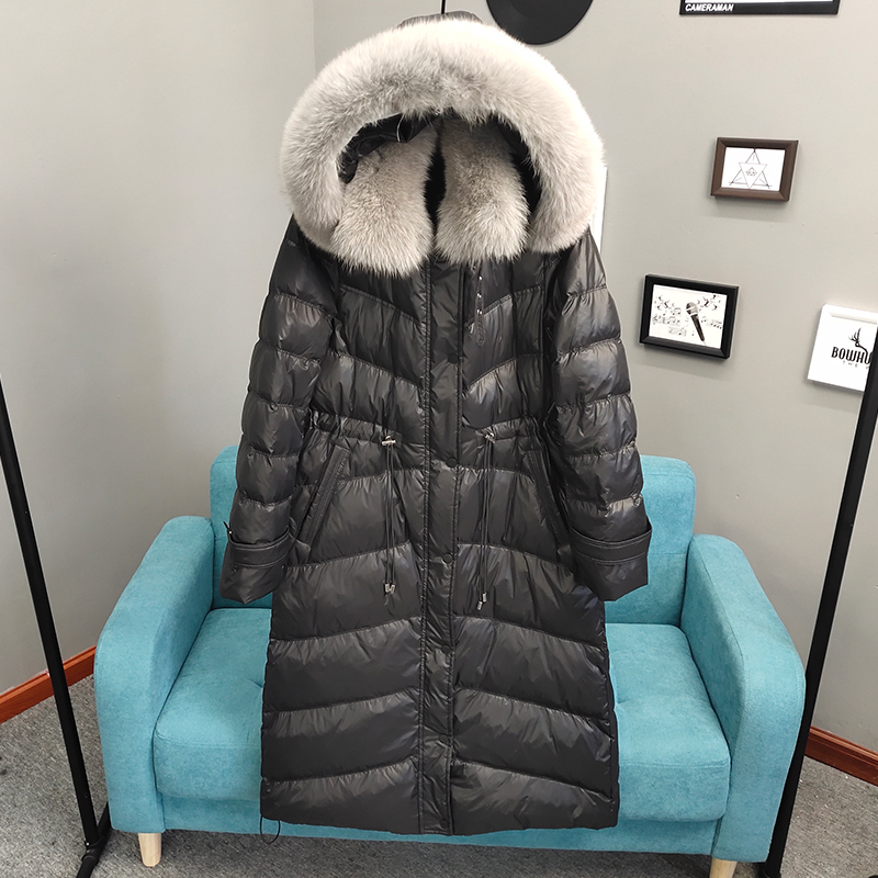 

2021 New Real Natural Fur Collar Winter with Hood Female Coats Long Parka Thick Warm White Down Jacket QQ44, Black