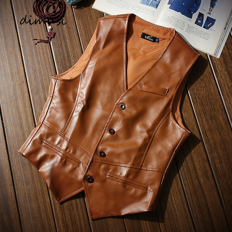 

Autumn Men's Vests Coats Fashion PU Leather Sleeveless Jackets Casual Outwear Biker Leather Waistcoats Mens Clothing, Brown
