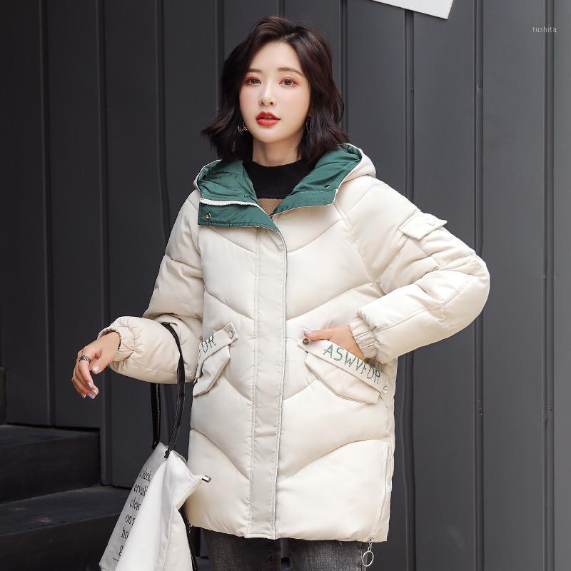 

2020 new design Korean Style Winter Jacket Women Stand Collar Solid Female Down Coat Loose Oversized Womens Short Parka coat 461, Beige