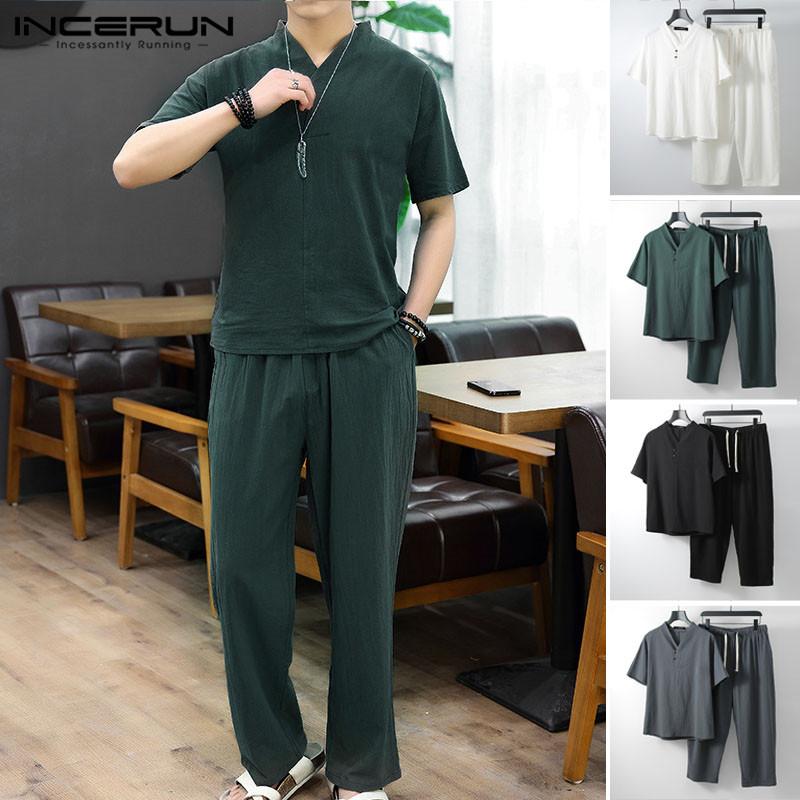 

Chinese Style Men Sets 2020 V Neck Short Sleeve Cotton Shirt Pants Streetwear Solid Vintage Tang Suit 2 Pieces Mens Suit INCERUN, Black