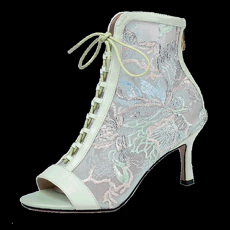 

LMYOM Brand Women's Shoes Genuine Leather Embroidery Lace Sandals Female Stiletto Hollow Out Large Size34-42 Net yarn Fish mouth