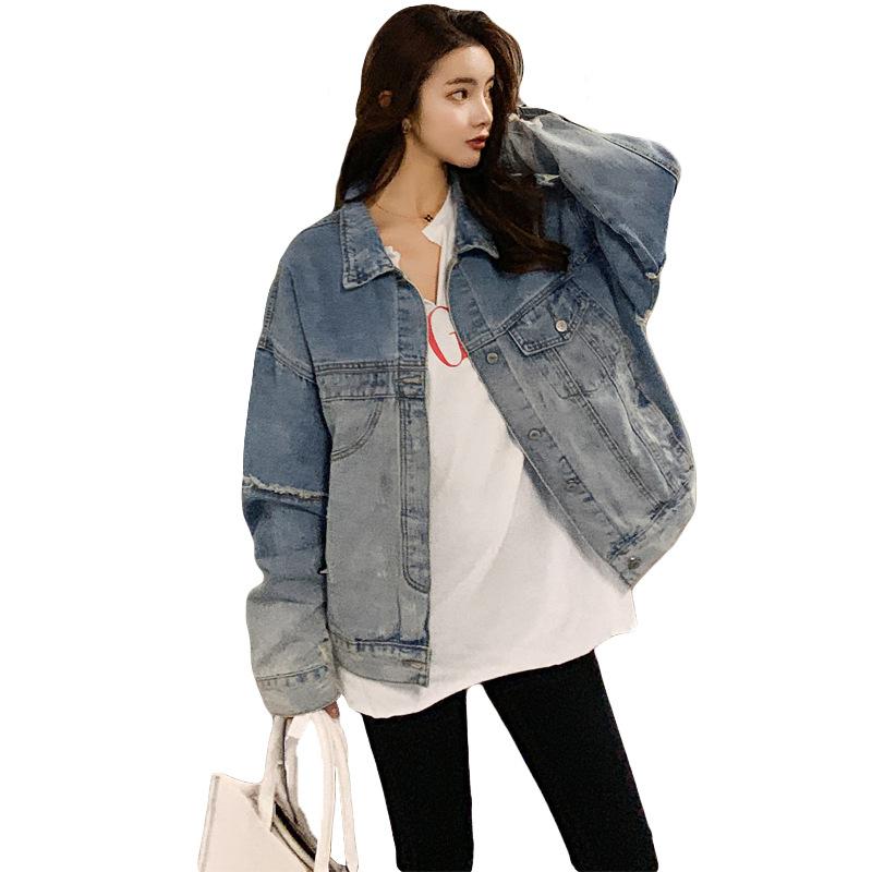 

Rlyaeiz High Quality 2020 Spring Casual Frayed Denim Jacket Women Gradient Long Sleeve Fashion Vintage Holes Jeans Jacket Women, Blue