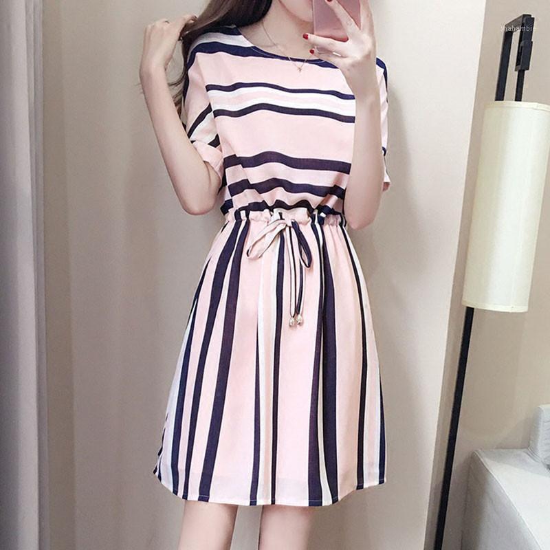 

Casual Dresses Korean Style Women Summer Dress Female O-neck Slim Mini A-line Short Sleeve Stripe1, Stripe
