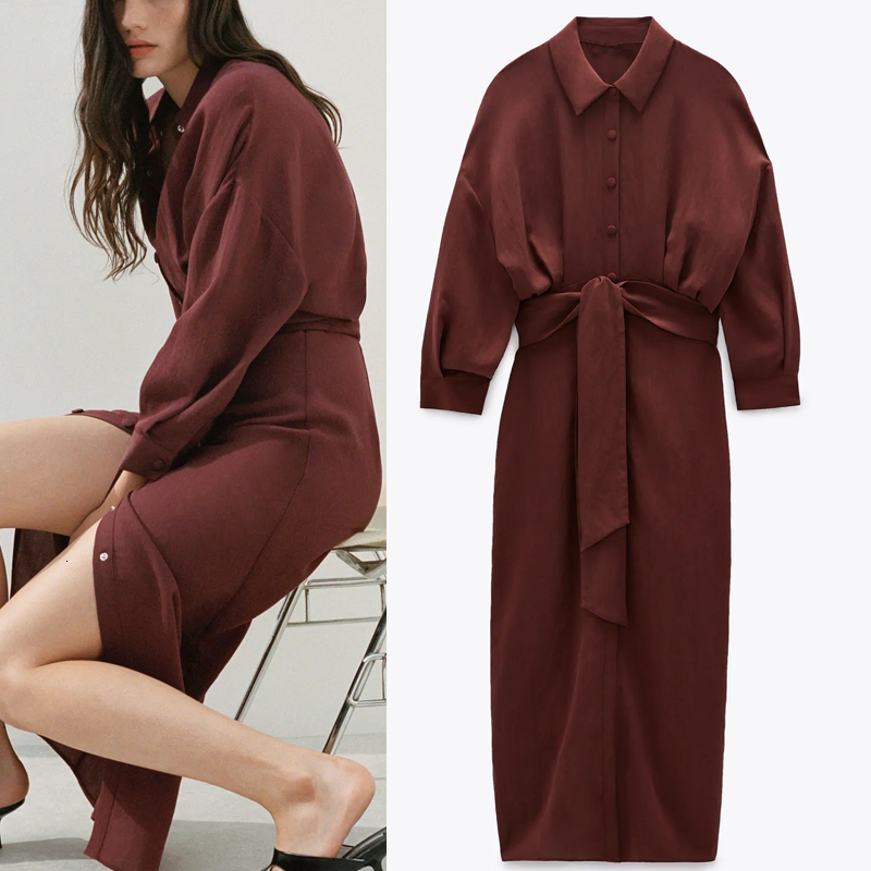 

2021 New Fashion Tied Belted Shirt Women Lapel Collar Pleated Long Sleeve Midi Dress Woman Elegant Office Ladies Dresses Avat, Burgundy
