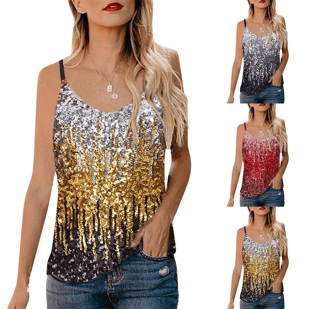 

Summer Woman Sexy Top Female 2020 Womens Sequin Tops Glitter Party Strappy Tank Vest Camis Ropa Mujer Tanktop Y200701, Gold