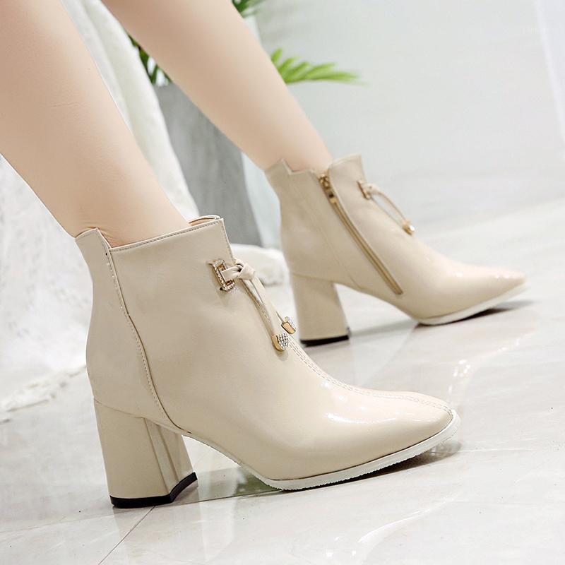 

Women's spring autumn boots Bright personality pointed tip,thick heel non-slip Party Boots Elegant Short Booties zapatos U22-071, Beige
