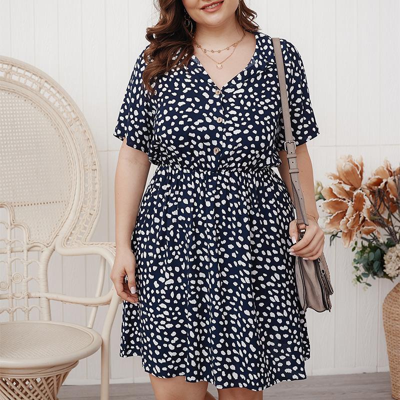 

Plus Size Women Summer Casaul Dress 2020 Fashion Buttons V Neck Short Sleeve Printing Casaul Dress Short Mini Beach Dresses, Red