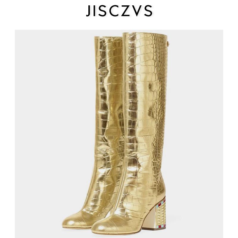 

New Genuine Leather Long Boots Party Shoes Woman Winter Women Over The Knee Boots Fashion Square Heels Plus Size, Gold