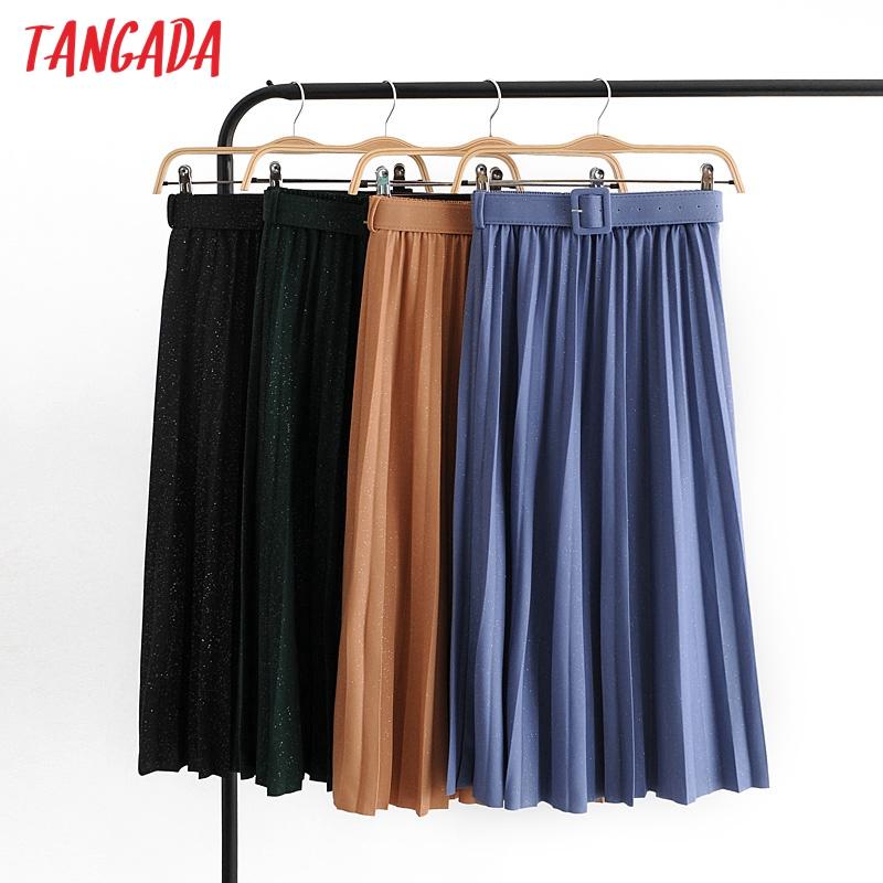 

Tangada 2020 Autumn winter women pleated midi skirt with belt vintage strethy waist chic mid calf skirts HE6, Black