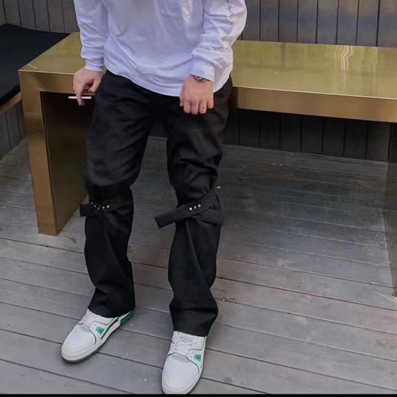 

2021 New Harajuku Knee Straps Straight Casual Suit Men's Solid Black Loose Streetwear Trousers Hip Hop Baggy Flare Pants Gb7h