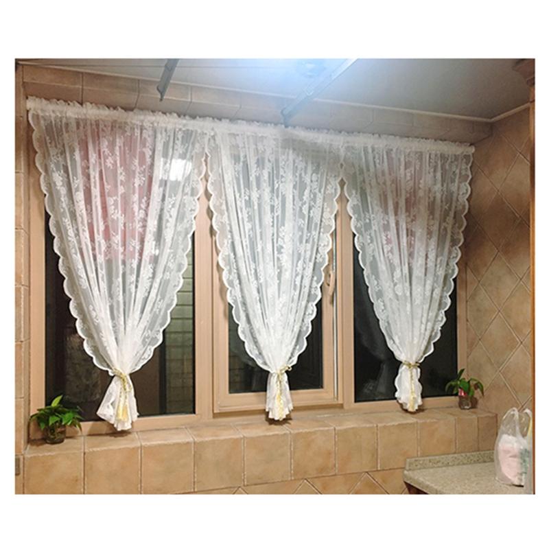 

White Flower Embroidery Punch-Free Easy Paste Tulle Coffee Curtain for Bedroom, White a