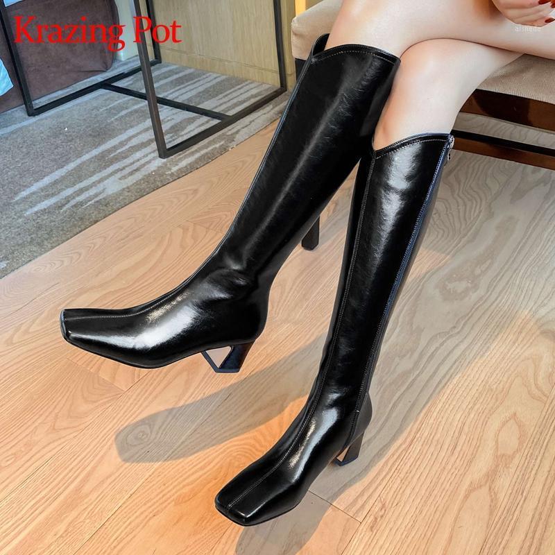 

Krazing pot new split leather square toe med heel riding boots British style vintage young lady streetwear knee-high boots L701, Beige