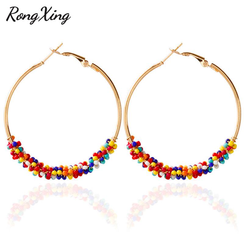 

RongXing Boho Jewelry Multicolor Big Circle Hoop Earrings For Women Gold Filled Bohemia Round Beads Statement Earrings Lady Gift