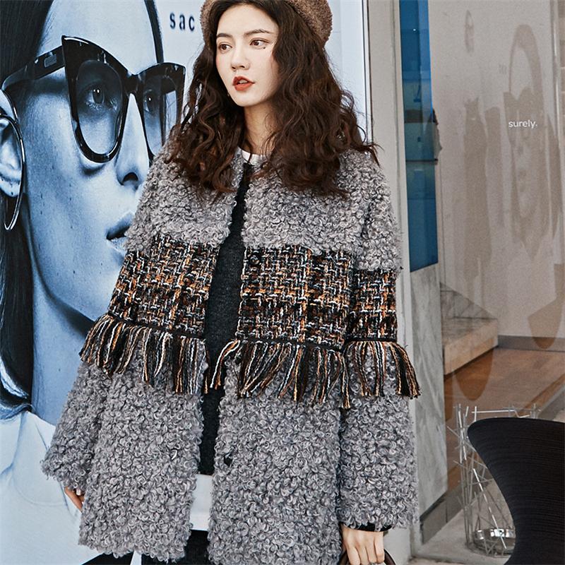 

Faux Fur Jacket Women Fashion Imitation Cashmere Splicing Tweed Outerwear Tassel Chic 2020 New Winter Ladies Coat Thicken Warm, Gray