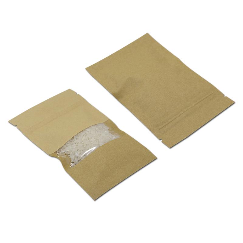 

Kraft Paper Reclosable Plastic Storage Bag For Rice Nuts Packing With Clear Window Flat Packaging Zipper Pouches