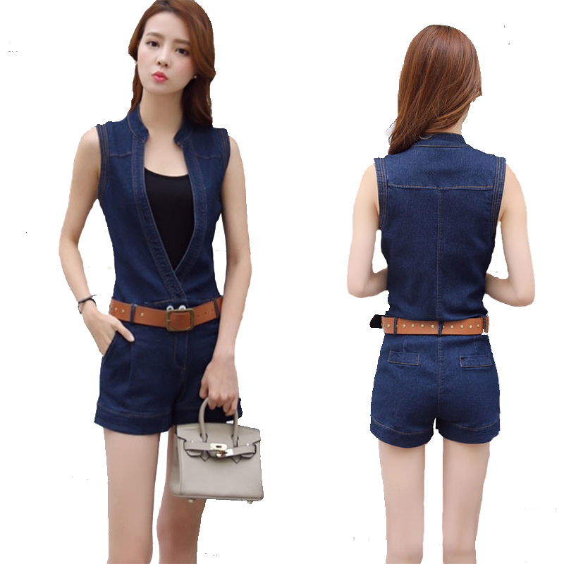 

2021 New Summer Women's Shorts Korean Slim V-neck Sashes Large Size Sleeveless Jeans Jumpsuit Ladies Sexy Denim Rompers Y393 Kdzq, Blue and black vest