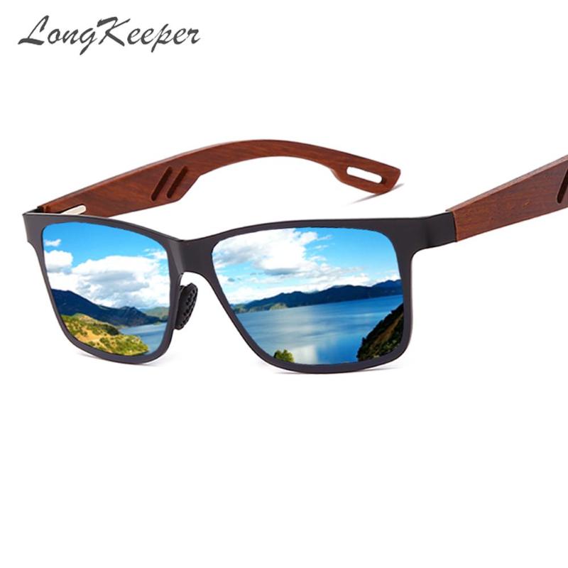

LongKeeper Vintage Women Bamboo Polarized Sunglasses Men Wooden Fashion Square Mirror Driving Goggle