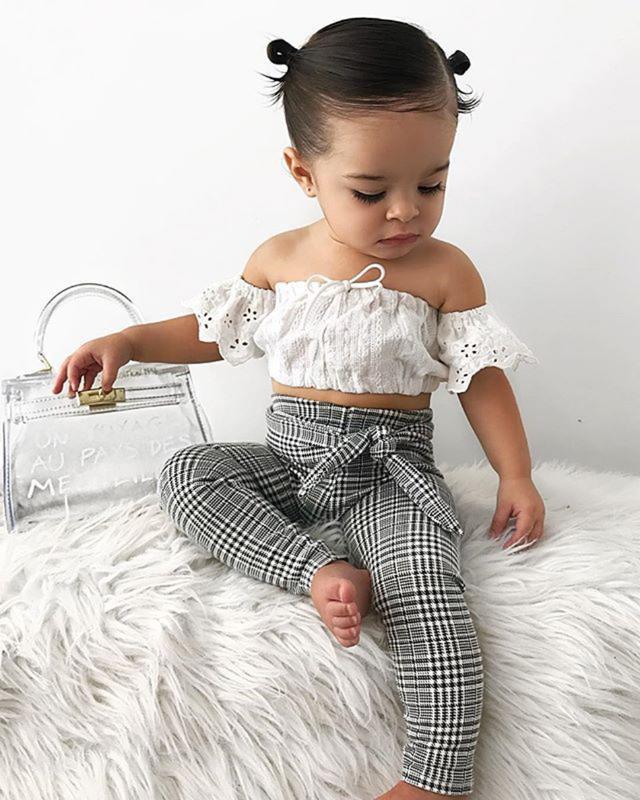 

2-7T Toddler Baby Girls Clothes Set Summer White Off Shoulder Lace Top and long Plaid Pants Cute lovely Sweet Streetwear outfits1