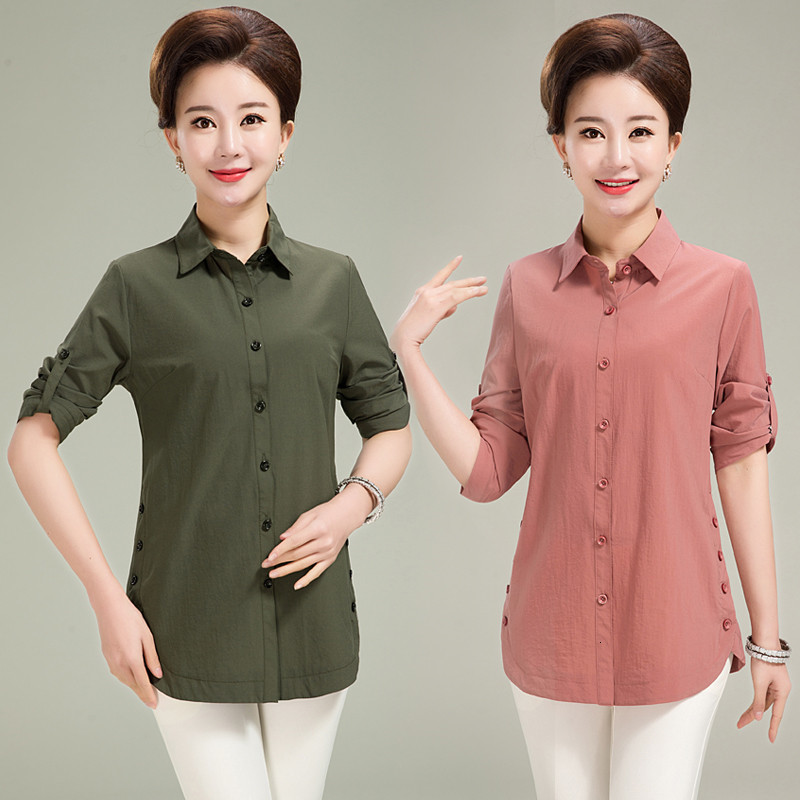 

2021 New Middle-aged Mother Blouse and Shirt Spring Summer Long-sleeved Solid Color Cotton Shirts Plus Size  Women's Blusa Tops Y71 87ya, Darkgreen