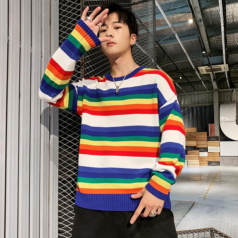 

Men sweater 2020 new autumn and winter Korean style stripe male knitted pullover young sweater color cotton hot sale M78, Multi