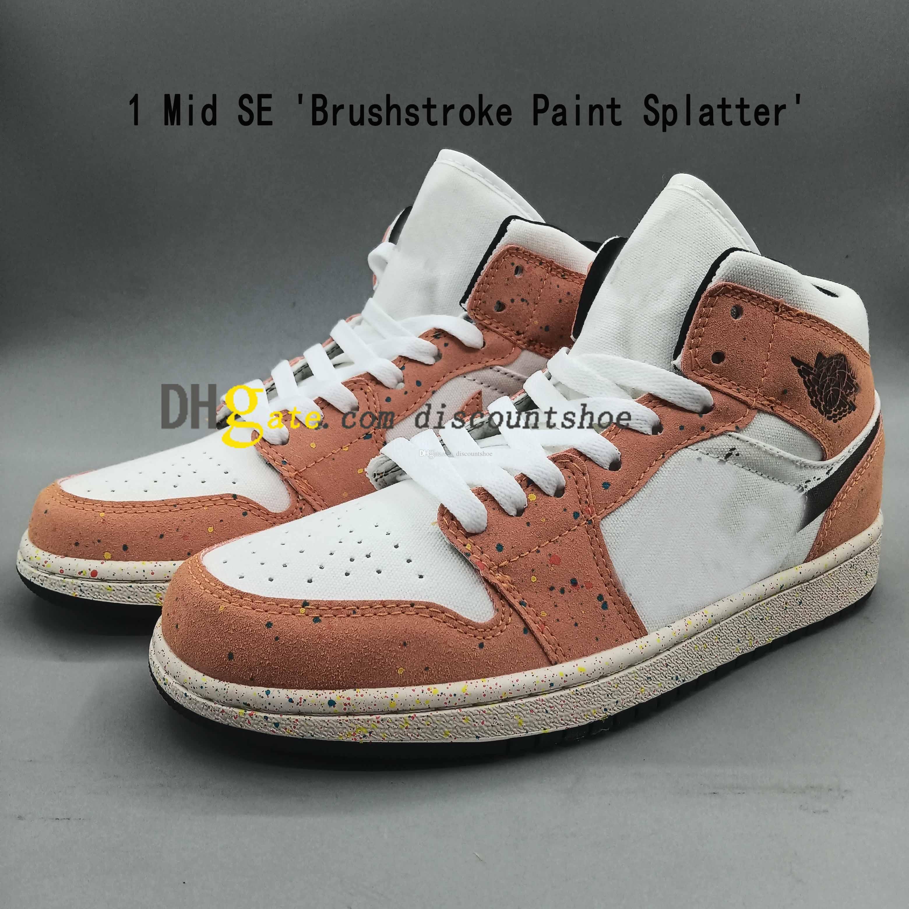 

jumpman 1 Mid SE Brushstroke Paint Splatter Basketball shoes 1s High men women sneakers High quality, Electro orange