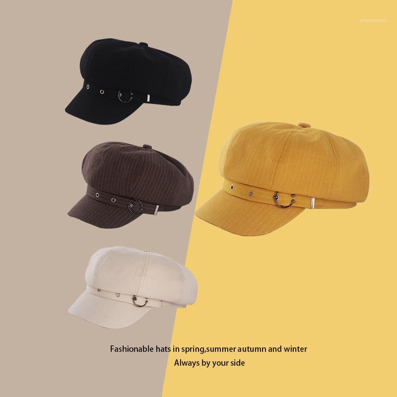 

New Retro Striped Octagonal Hat Ladies Fashion Octagonal Hat Western Style Personality Belt Buckle Japanese Painter Tide1, Black