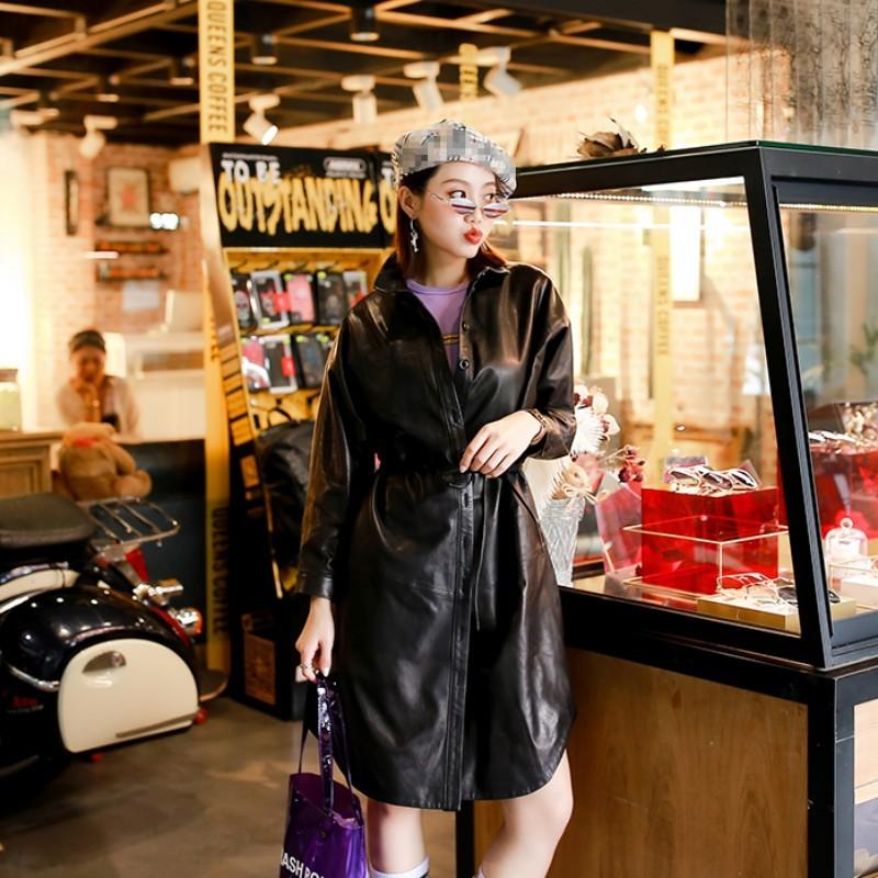 

Spring New Women Loose Fit Batwing Sleeve Long Coat Streetwear Sheepskin Genuine Leather Jacket Lady Belted Trench Designer Coat, Black