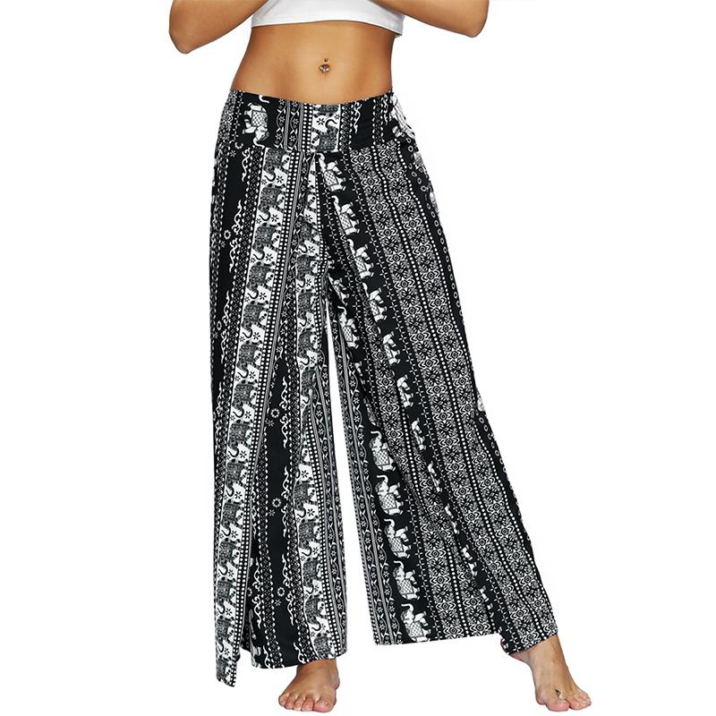 

Fashion Printed Women Slit Wide Leg Pants Elastic High Waist Hippie Baggy Yoga Dance Trouser Casual Loose Sweatpants Plus Size, Black