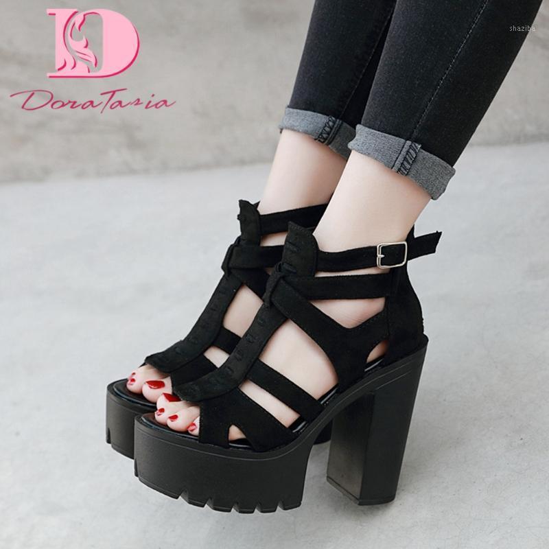 

DoraTasia 2020 New Arrivals Gladiator Women Sandals Flock Square Heel Narrow Band Med Platform Pumps Summer Casual Woman Shoes1, Black