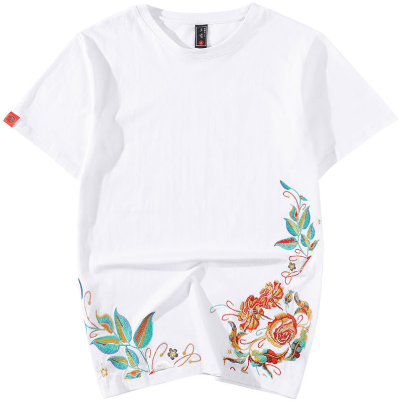 

2021 New Embroidered of Casual Men Cotton t Shirt Chinese-style Flower the Neck Will See Fashion Short Sleeve Top Young Male 4xl VLZA, Black