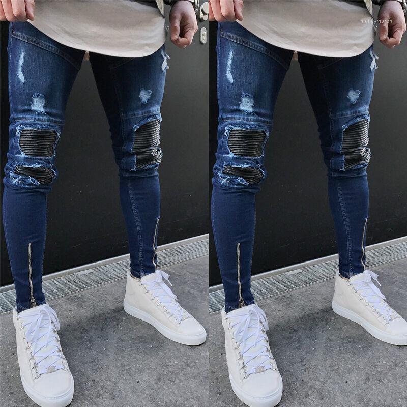 

Brand New Arrivals Fashion Male Men's Washed Ripped Destroyed Jeans Straight Vintage Frayed Denim Zipper Streetwear Biker Pants1, Blue
