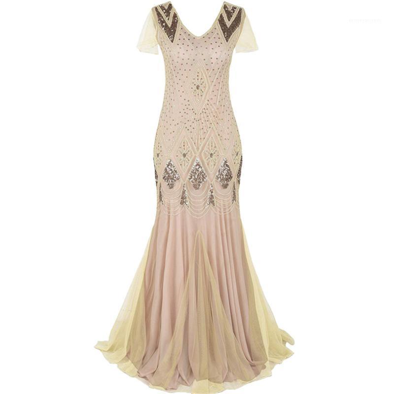 

Floor Length Dress Vintage Autumn Women Sequins Maxi Dress Beaded Flapper 1920s Gatsby Club Party Gown Mermaid1, Red