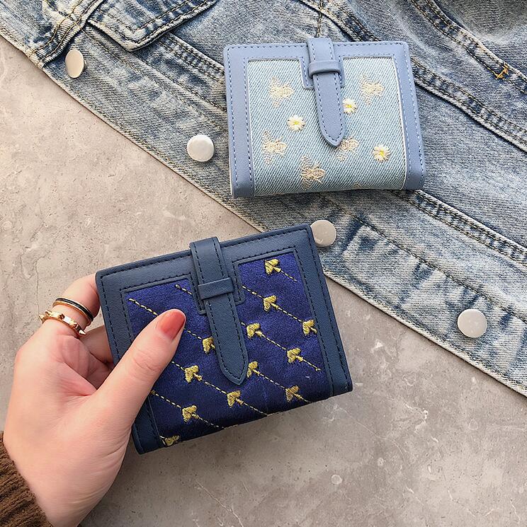 

Factory wholesale women handbag trend small fresh folding short wallets sweet and lovely leather womens purse multifunctional fashion embroidery bag, Blue(boutique box)