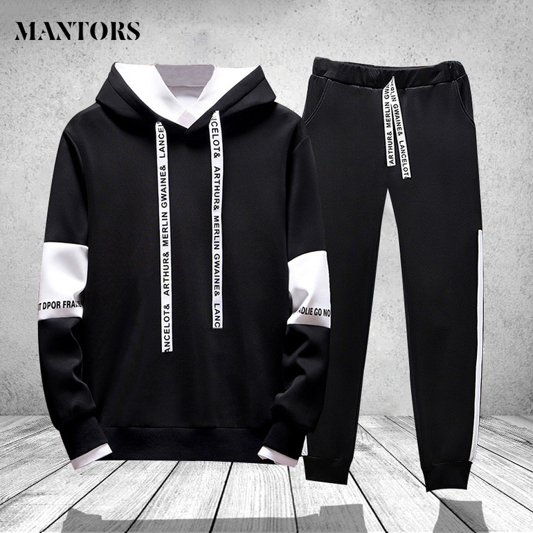 

Fashion Men Hooded Hoodie Printed Patchwork Sweatshirt Tracksuit Men Hoodies With Pant 2 PCS Black White Hip Hop Male Streetwear kg-523, 738 black