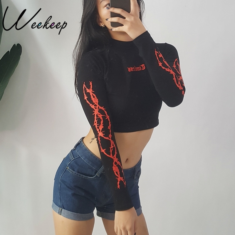 

Weekeep Fashion Long Sleeve Gothic Letter Print Cropped t shirt Autumn Black Stand Collar Streetwear Crop Top tshirt Tops Y200109