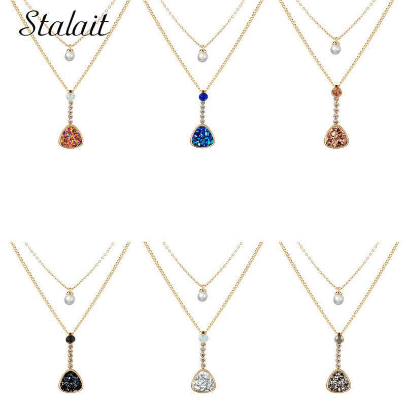 

Geometric Triangle Drusy Pendant Necklace For Women Charm Pearl Gold Color Multi Layered Necklace Jewelry Woman