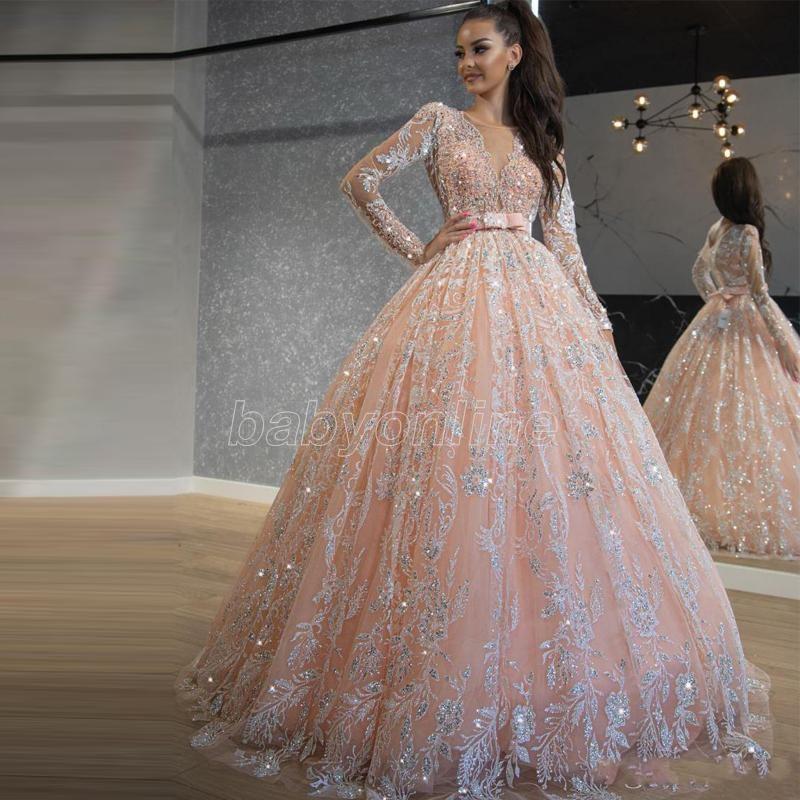 Baby rosa quinceanera klänningar paljett spetsar boll klänning balklänningar juvel hals lång ärm söt 16 klänning lång formell kvällskläder med gratis petticoat