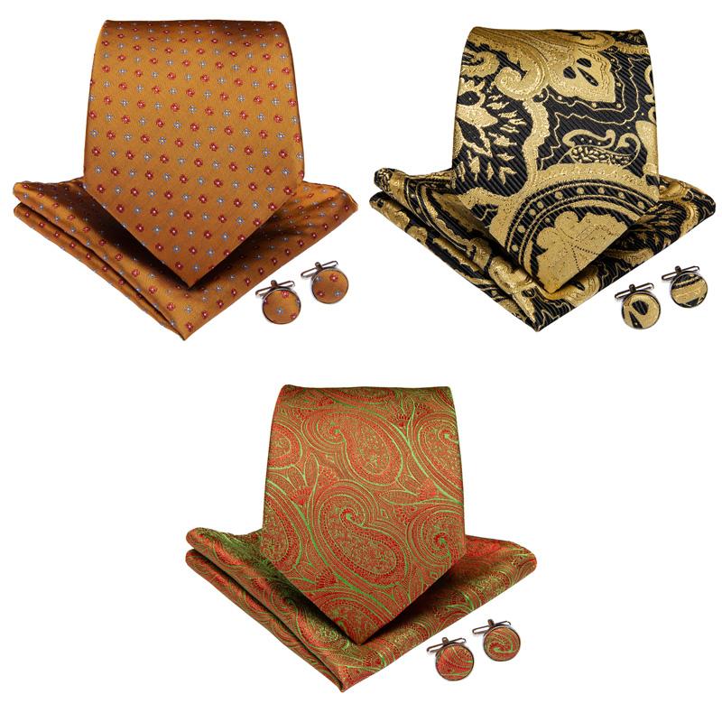 

2020 DiBanGu New Yellow Floral Men's Tie 100% Silk Tie for Men Bowtie Hanky Cufflinks Men's Business Wedding Party Set