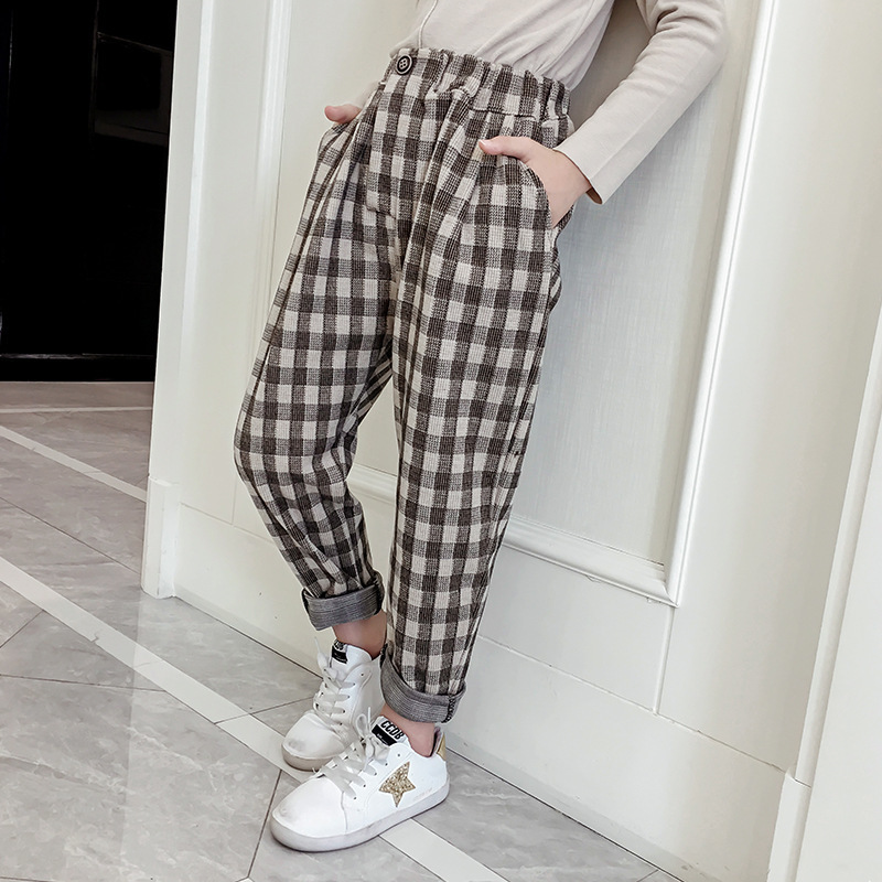 

Teenage Girls Pants Autumn Winter Casual Fashion Loose Retro Plaid Kids Harem Pants School Children Trousers 6 8 10 12 Year LJ201019, Khaki