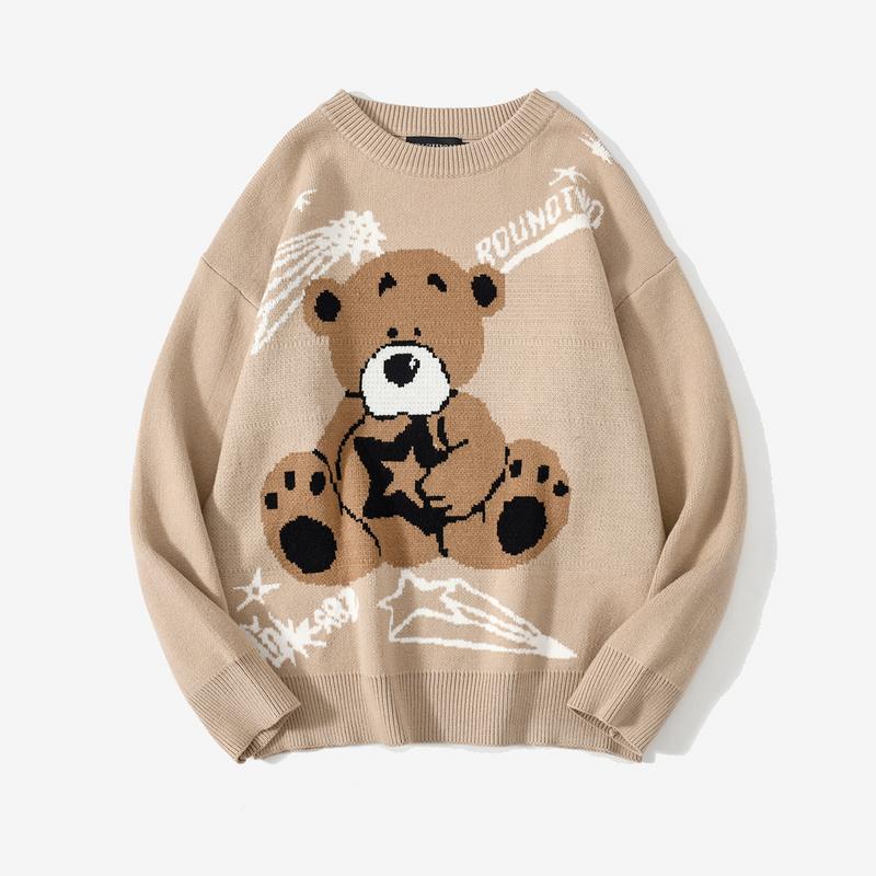 

Bear Painting Embroidery Knitted Sweater Retro Vintage Autumn Sweaters Cotton 2020 Men Hip Hop Sweater Pullover Japan Streetwear, Khaki