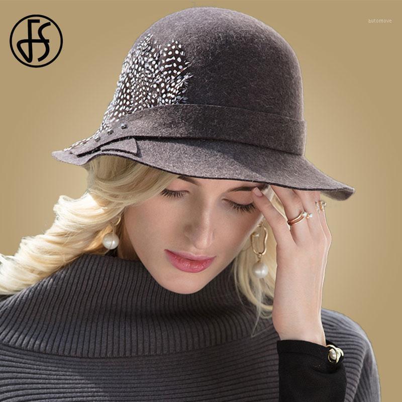 

FS Winter Fedora Hat Women Wool Wide Brim Felt Cloche Hat 2021 Vintage Elegant Feather Lady Floppy Brown Black Fedoras Hats1