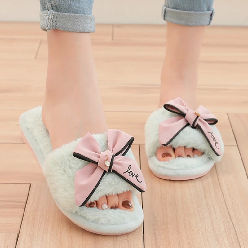 

2020 Winter Flat Slides Women Plush House Slippers Faux Fur Winter Warm Shoes Woman Cute Bowtie Female Furry Slides #Tn9y, Black