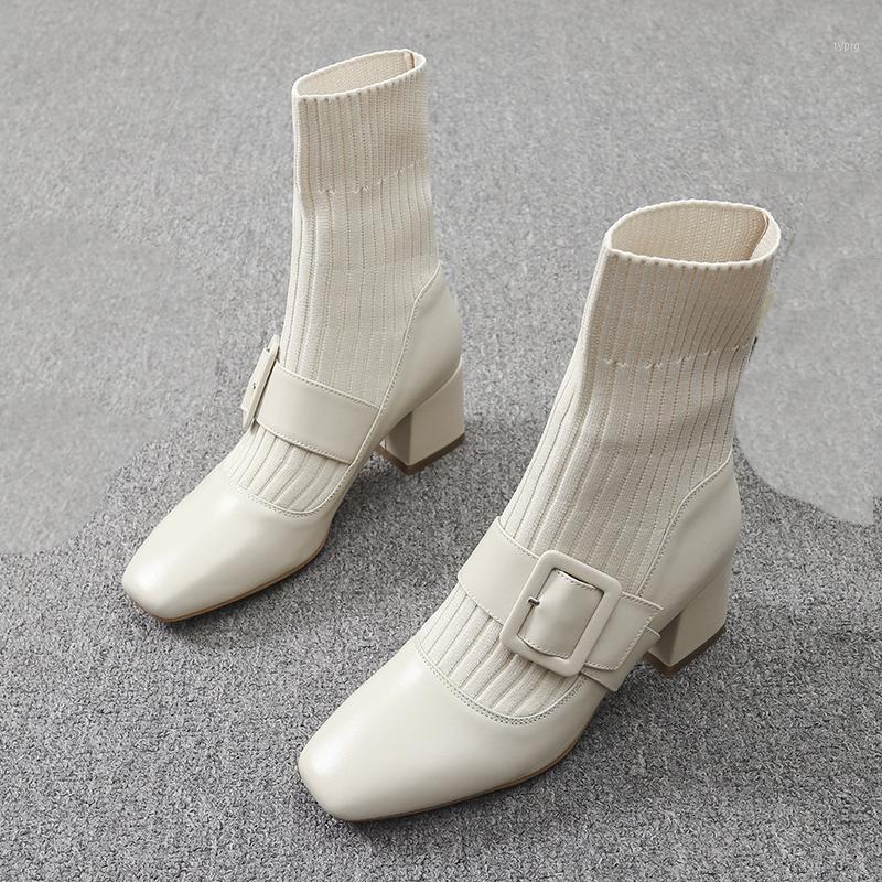 

DEAT 2020 New Autumn And Winter Fashion Casual Square Buckle Thick Heel Leather White Wool Socks Boots Women Short Boots SG1411, Beige leather