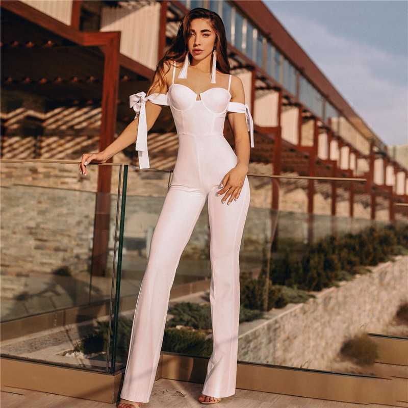 

Hight Quality White Black Off Shoulder Pearls Bodycon Sexy Rayon Bandage Jumpsuit Elegant Fashion Club Party Jumpsuit